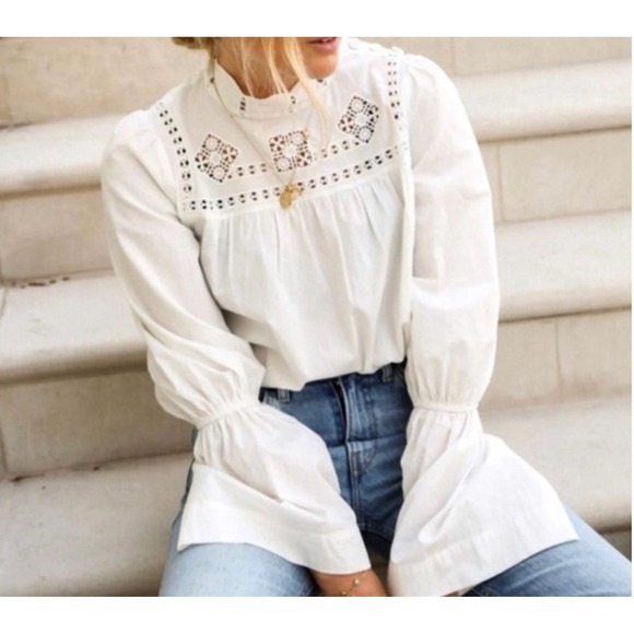 Free People Tops - Free People Another Eternity Blouse White Cotton Eyelet Lace Bell Sleeve Large